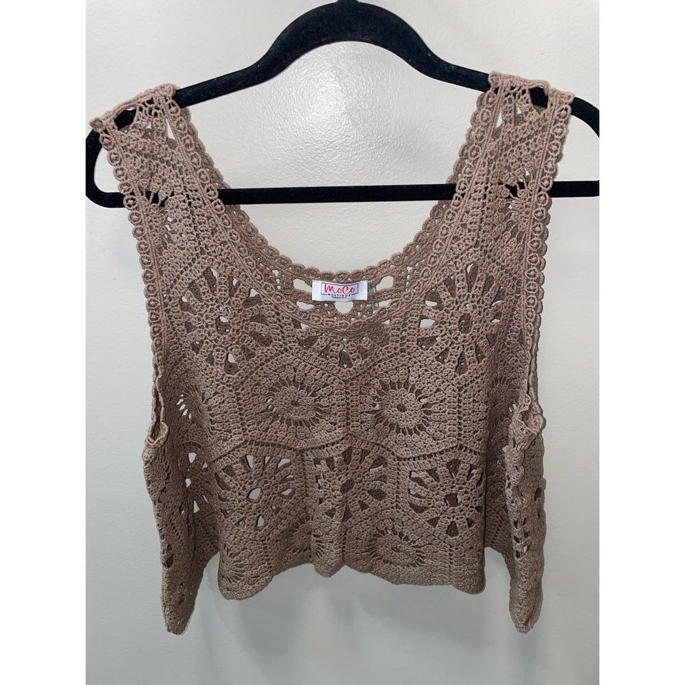 MoCo Boutique Women Taupe Brown Crochet Cotton Floral Medallion Crop Top Boho